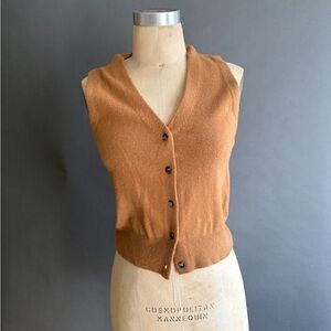 Astr Sleeveless V-Neck Button-Front Sweater Vest in Camel Brown